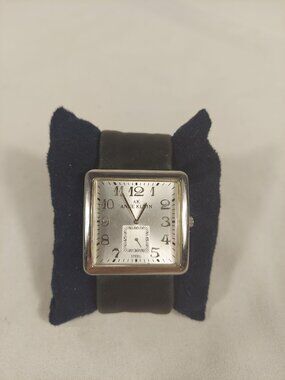 Anne Klein Square Face Watch Hour & Minute Clock Silver w Black Leather Strap